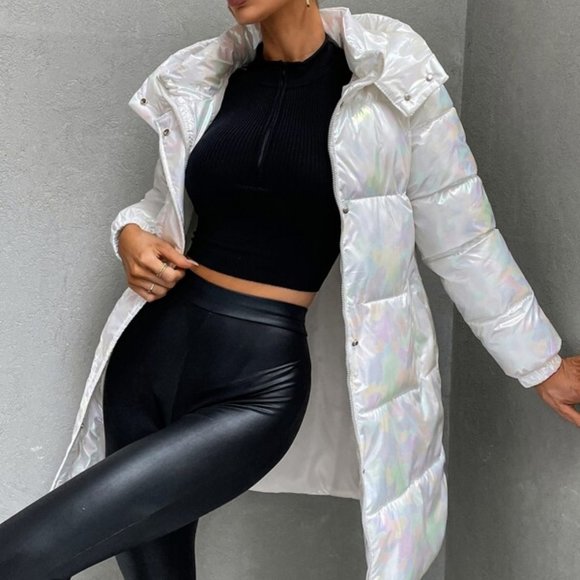 MODA ME COUTURE Jackets & Blazers - Holographic Slant Pockets Hooded Puffer Coat